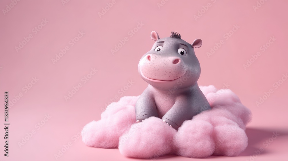Obraz premium Cute cartoon hippopotamus on pink cloud, pastel background, children's illustration