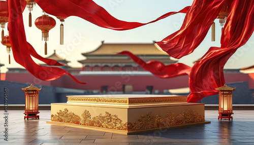 Chinese National Day product display background podium, Imperial Majesty, gold podium, Forbidden City, red walls and golden rooftops, red silk banners, soft lantern light, ad podium platform, product photo