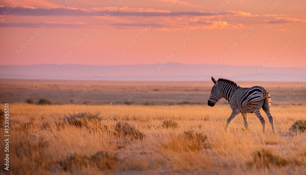 Naklejka premium A solitary zebra gracefully walks across the vast, golden steppe in the early morning light, its distinctive stripes gleaming, a serene sight in an unusual habitat