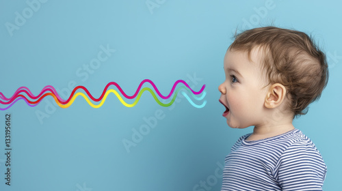 child expressing joy while speaking, colorful sound waves illustrated