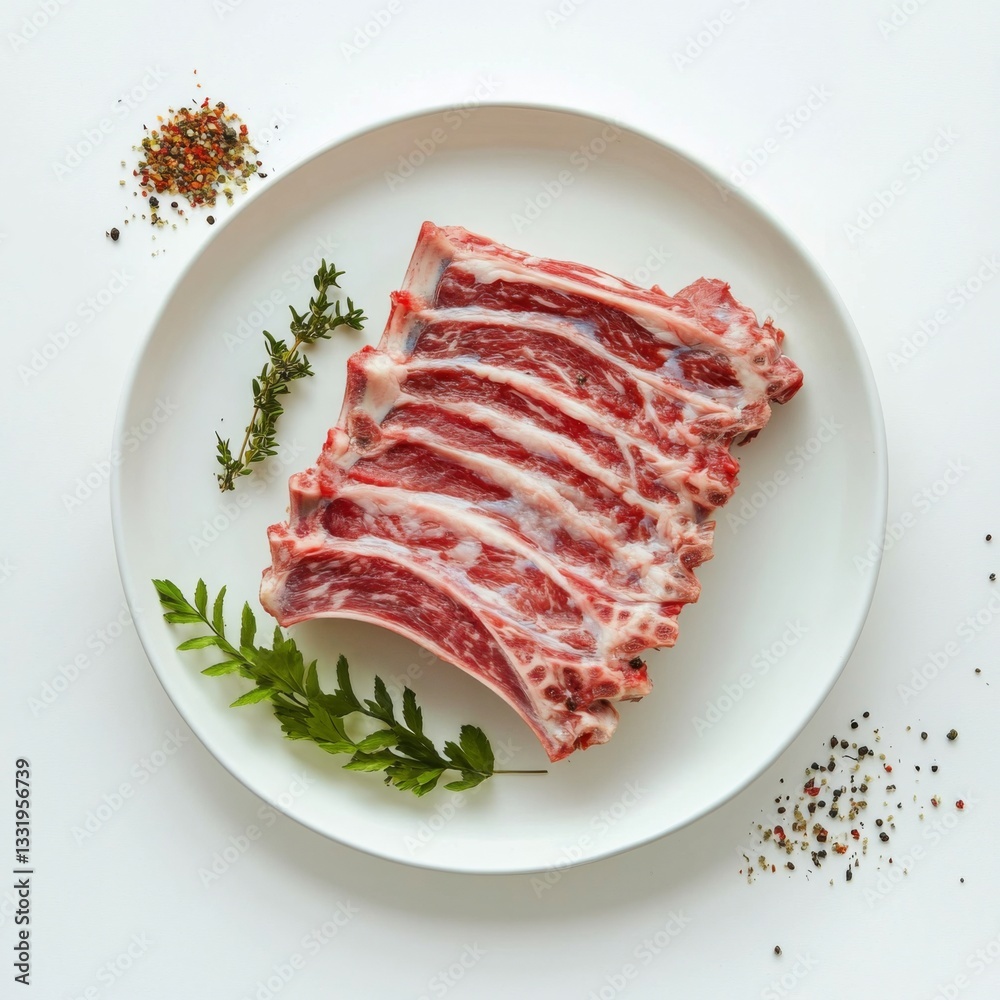 A raw lamb rack is elegantly displayed on a white plate, surrounded by fresh herbs and pepper spices, set against a white background, ready for gourmet cooking. A raw lamb rack is elegantly displayed on a white plate, surrounded by fresh herbs and pepper spices, set against a white background, ready for gourmet cooking.