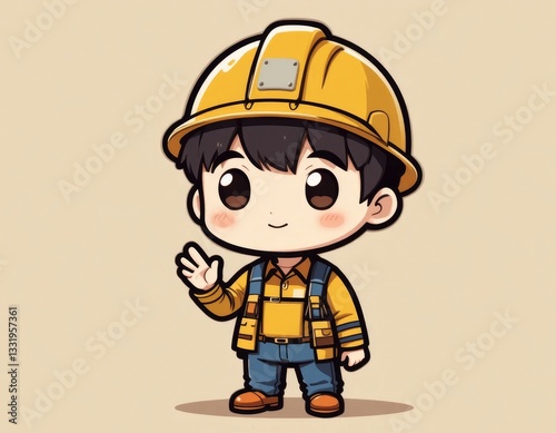 Cute Construction Worker Cartoon Character Waving Hand and Wearing Hard Hat