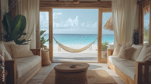 Fototapeta Naklejka Na Ścianę i Meble -  A luxurious Maldives or Bali-style bungalow with elegant wood furniture and plush cushions, bathed in soft natural light