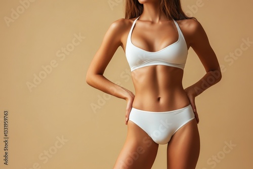 a woman wearing a white bikini, posing in a studio.