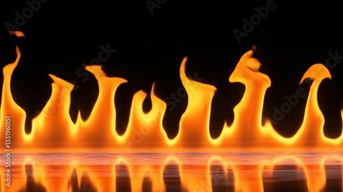 Row of Vibrant Orange Flames Dances Against Dark Background, Creating Dramatic and Intense Visual Effect with Fire Reflection Surface Below, Adding Depth, Symmetry, and Fiery Glow of Heat and Energy
