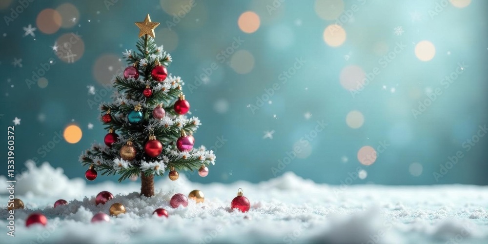 A Festive Miniature Christmas Tree Adorned with Sparkling Ornaments Rests in a Snowy Landscape Under a Softly Falling Snow, Illuminated by a Gentle Glow of Holiday Lights A Festive Miniature Christmas Tree Adorned with Sparkling Ornaments Rests in a Snowy Landscape Under a Softly Falling Snow, Illuminated by a Gentle Glow of Holiday Lights