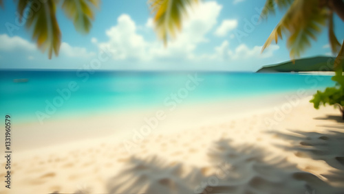 Tropical Beach Scene: Blurred Palms & Bokeh for Summer Vacation