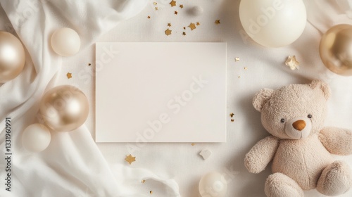 Blank card surrounded by soft toys and cream decor on white fabric background