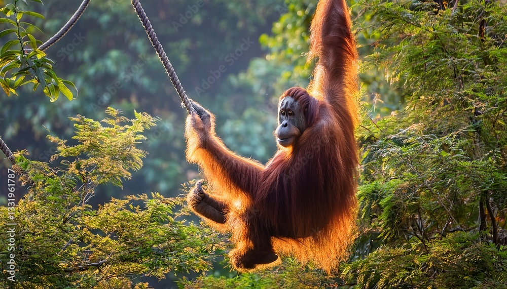 Naklejka premium A graceful Sumatran orangutan, with its distinctive long, orange hair, effortlessly swings from branch to branch in the dense rainforest canopy, a symbol of arboreal agility.