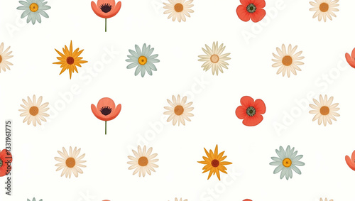 Whimsical Wildflowers Seamless Tile Pattern Featuring Colorful Daisies and Poppies on Pure White Background - Perfect for Playful Interiors and Stock Photo Concepts with Left Side Empty Space