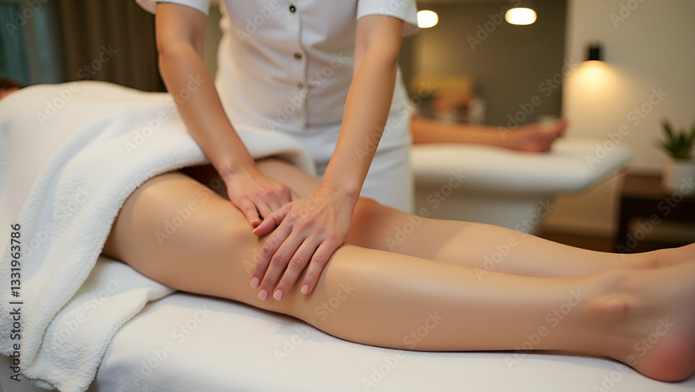 Fototapeta premium Close Up of Massage Therapist Massaging Female Leg at Spa Salon: A Serene Environment for Relaxation, Wellness, and Therapeutic Treatments - Perfect Photo Stock Concept with Empty Space