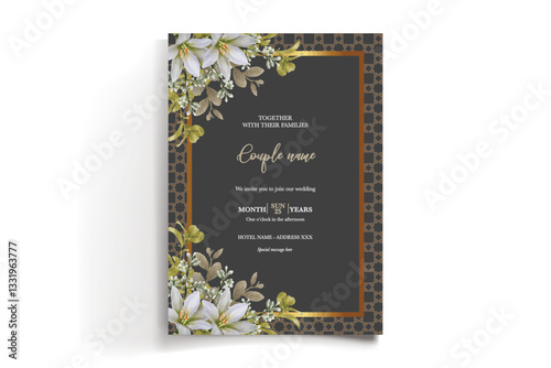 WEDDING INVITATION FRAME WITH FLOWER DECORATIONS AND FRESH LEAVES