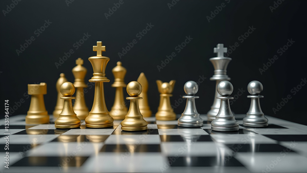 Flat Gold and Silver Chess Pieces on Board: A Business Metaphor for Leadership Strategies in Corporate Settings Flat Gold and Silver Chess Pieces on Board: A Business Metaphor for Leadership Strategies in Corporate Settings