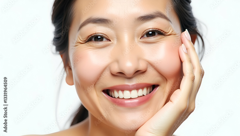 Obraz premium Stunning Close-Up of a Happy 50-Year-Old Asian Woman Showcasing Anti-Wrinkle Skin Care Treatment