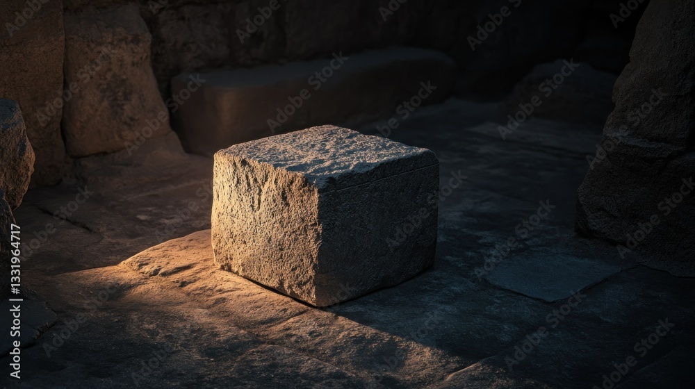 A large square stone cube illuminated in a stone environment A large square stone cube illuminated in a stone environment