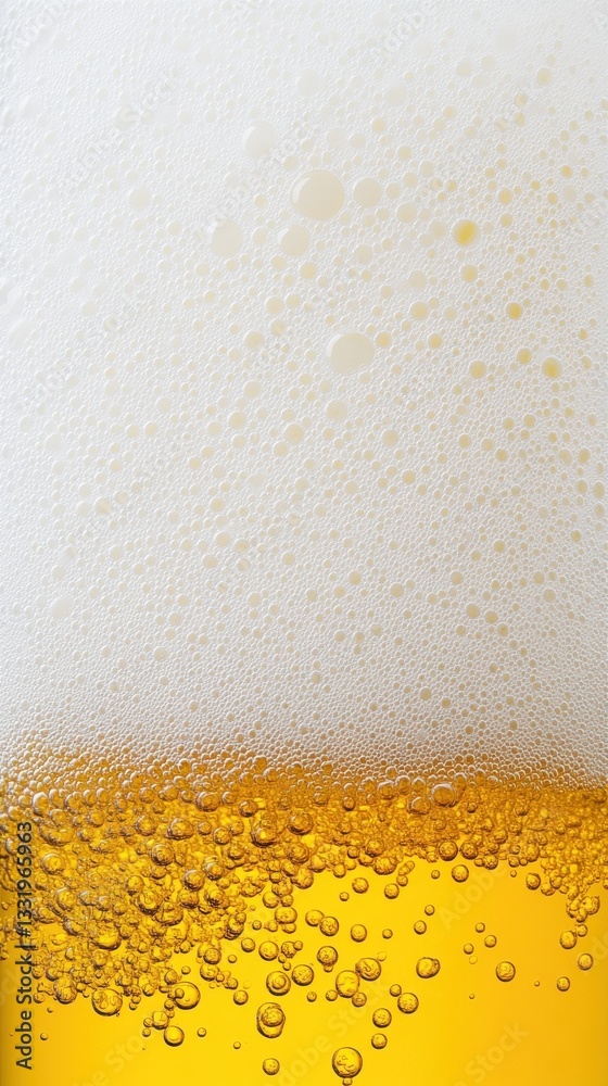 Close-up of bubbles in golden beer with foam head Close-up of bubbles in golden beer with foam head