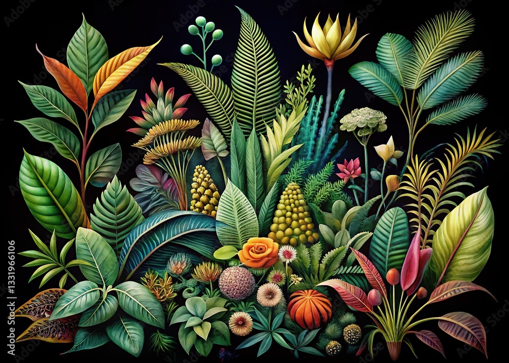 Fototapeta Minimalist botanical art. Black backdrop plants.