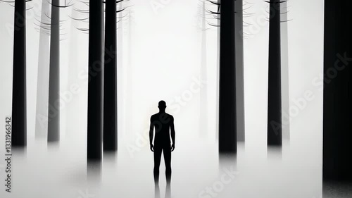 Silhouette of Person in Misty Forest with Tall Trees Creating Eerie and Mysterious Atmosphere, Fog Enhancing Sense of Isolation and Intrigue in Monochrome Scene