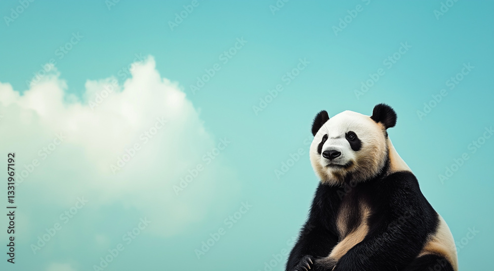 Obraz premium Um panda sentado diante de um fundo azul-celeste,