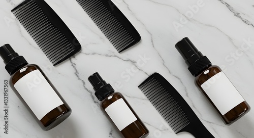 Black comb and hair styling products on white marble