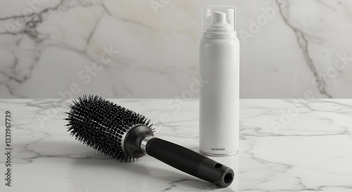 Round hairbrush and mousse can on white marble surface