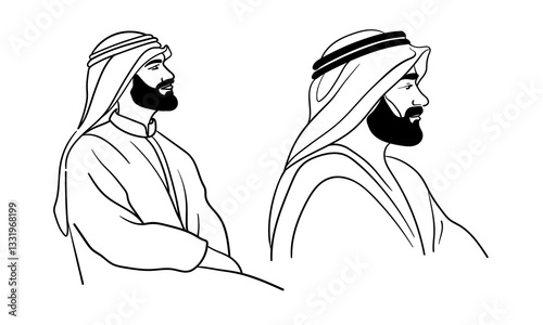 Emirati man in traditional clothes, continuous line art drawing. Muslim in a hijab. Vector illustration isolated on white background.