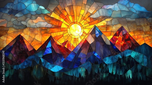 Vibrant stained glass artwork depicting mountains and a radiant sun at sunset.