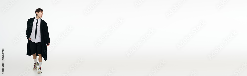 Handsome young asian man walks confidently in a minimalistic setting with casual style Handsome young asian man walks confidently in a minimalistic setting with casual style