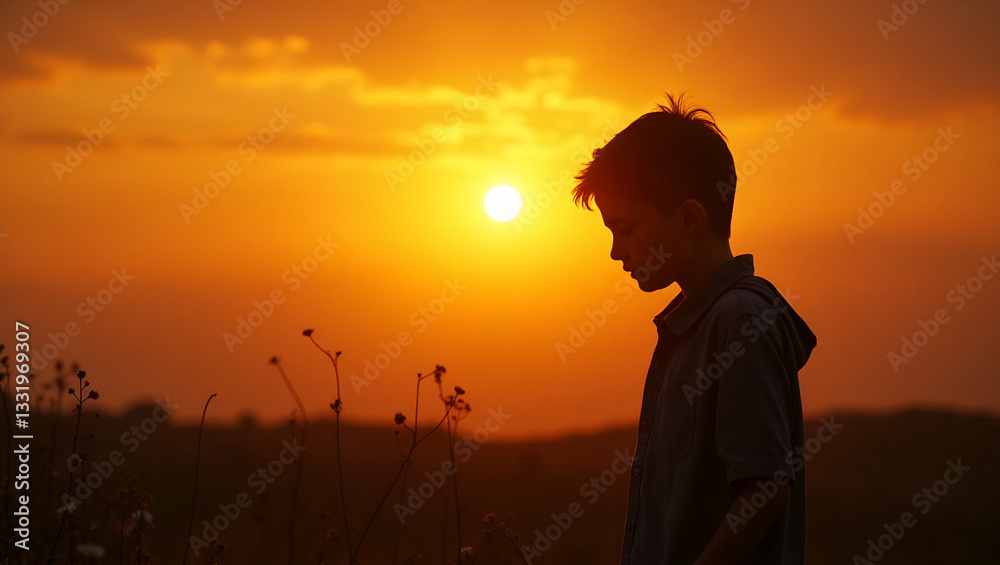 Fototapeta premium Sad boy silhouette worried on the meadow at sunset illustrating emotional distress and childhood vulnerability concept as Silhouette of a sad boy standing in a meadow at sunset illustrating emotional 