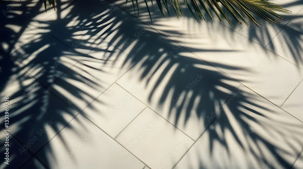Fototapeta premium Shadow of Palm Leaves on Tiled Floor, Tropical Poolside Vibes