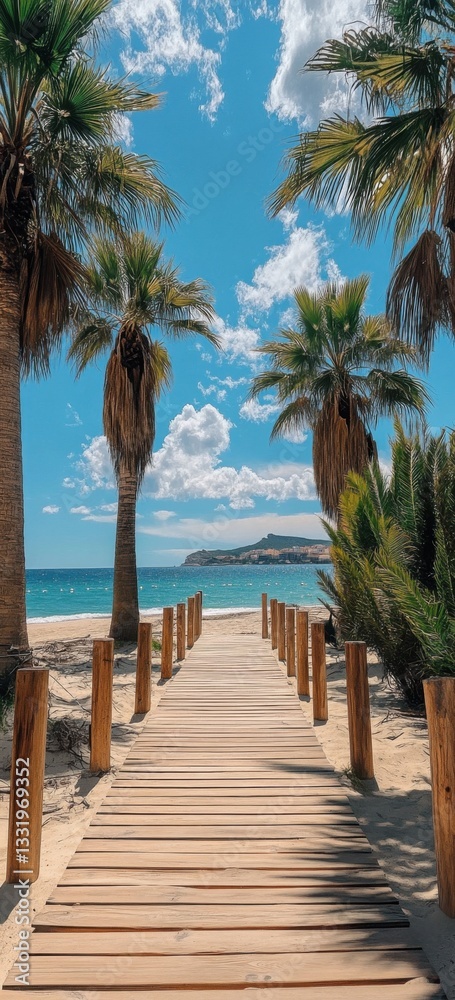 Scenic tropical beach walkway with palm trees and clear blue sky Scenic tropical beach walkway with palm trees and clear blue sky