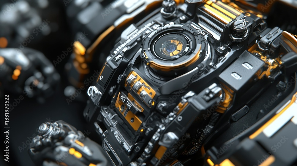 Fototapeta premium A detailed futuristic mechanical component with glowing orange accents