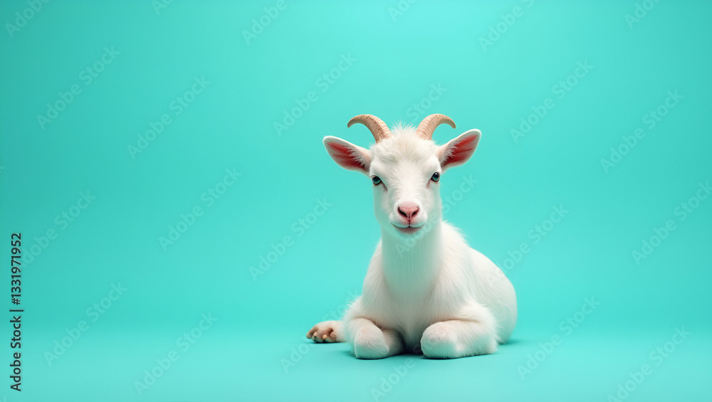 White goat sitting gracefully on turquoise background showcasing serene animal beauty perfect for nature and farm themes concept as White goat sitting gracefully on turquoise background showcasing ser White goat sitting gracefully on turquoise background showcasing serene animal beauty perfect for nature and farm themes concept as White goat sitting gracefully on turquoise background showcasing ser