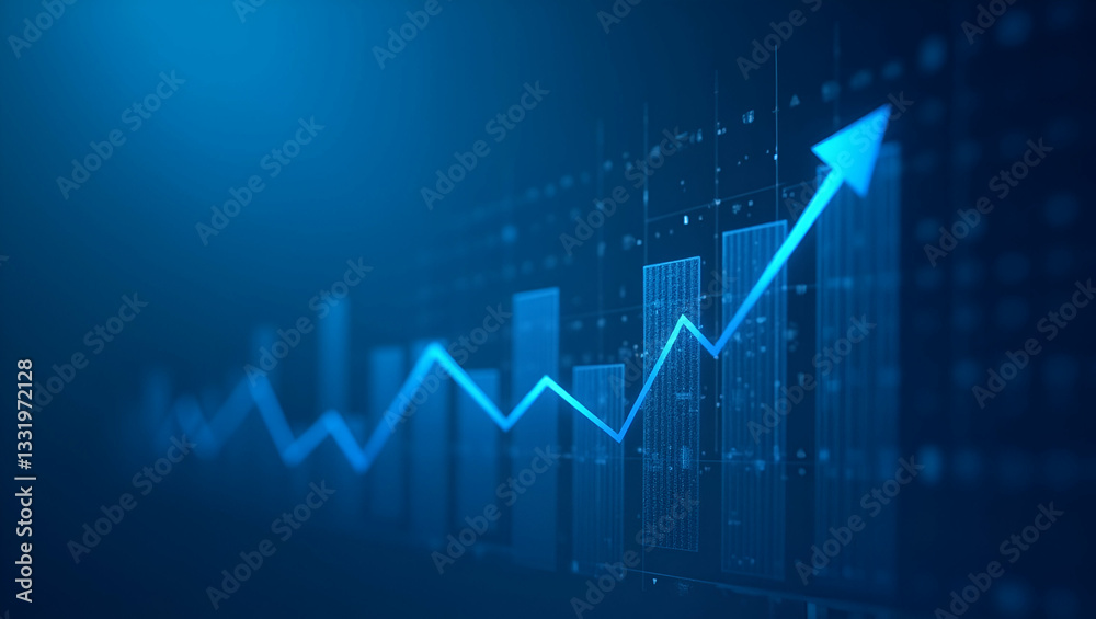 Blue backdrop featuring financial bar chart uptrend line and widescreen abstract stock market graph symbolizing financial growth and market trends. concept as Blue backdrop with financial bar chart up Blue backdrop featuring financial bar chart uptrend line and widescreen abstract stock market graph symbolizing financial growth and market trends. concept as Blue backdrop with financial bar chart up