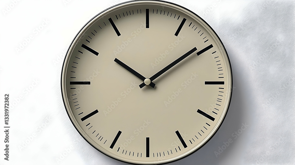 Beige wall clock showing 355, minimalist design, against a white textured background; perfect for time management concepts