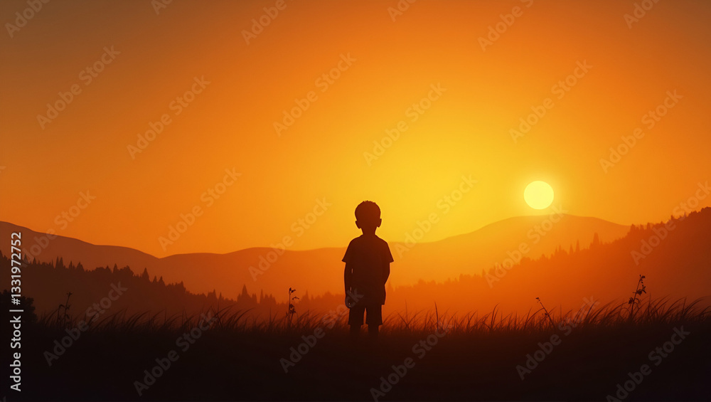 Silhouette of a Sad Boy in a Meadow at Sunset: Capturing Emotional Distress and Childhood Vulnerability in Stock Photography with Empty Space for Text Silhouette of a Sad Boy in a Meadow at Sunset: Capturing Emotional Distress and Childhood Vulnerability in Stock Photography with Empty Space for Text