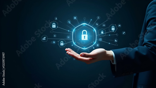 Wallpaper Mural Flat Hand Holding Holographic AI Interface for Data Security & Automation Torontodigital.ca