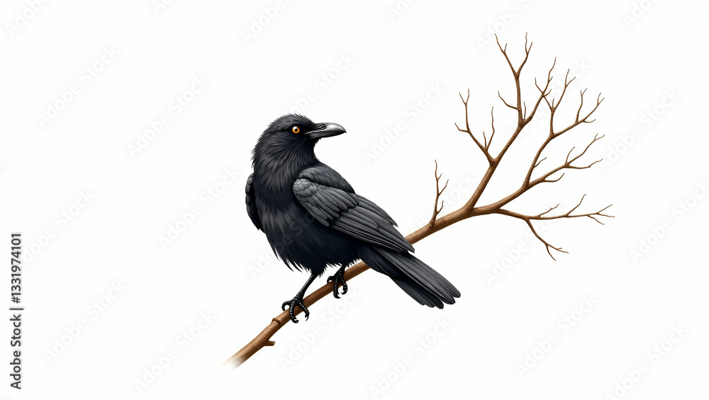 Fototapeta premium Spooky Halloween Raven Clipart: Watercolor Illustration of a Black Bird on Branch with Crisp Details