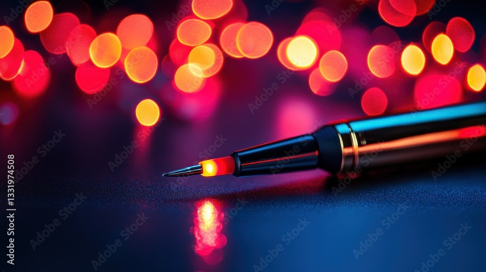 A Shiny Pen Is Illuminated With Colorful Bokeh Background A Shiny Pen Is Illuminated With Colorful Bokeh Background