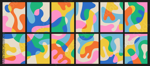 Set of colorful and fun abstract backgrounds in doodle style. Simple and playful design with hand-drawn overlapping shapes. Organic, flat vector illustrations.