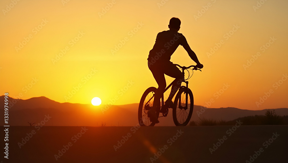 Obraz premium Flat Young Man Riding Bicycle Against Sunset: A Cute Vector Illustration Symbolizing Freedom and Outdoor Adventure for Smart Business Branding