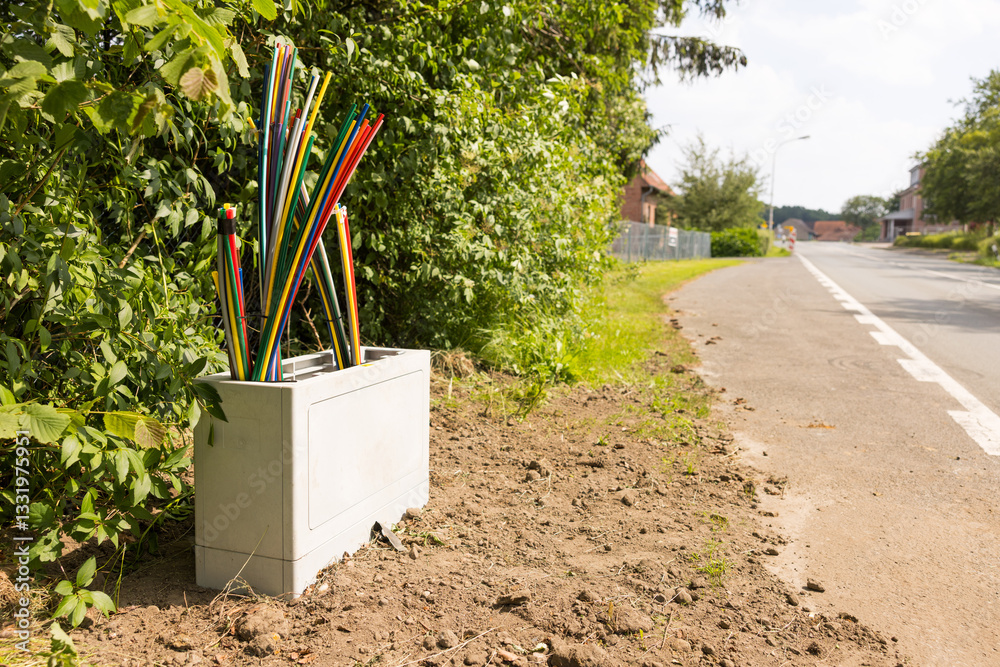 Offene Glasfaser-Verteilerbox mit bunten Glasfaser-Rohren – Breitbandausbau in Wohngebieten, modernes Telekommunikationsnetz für Highspeed-Internet und Digitalisierung.