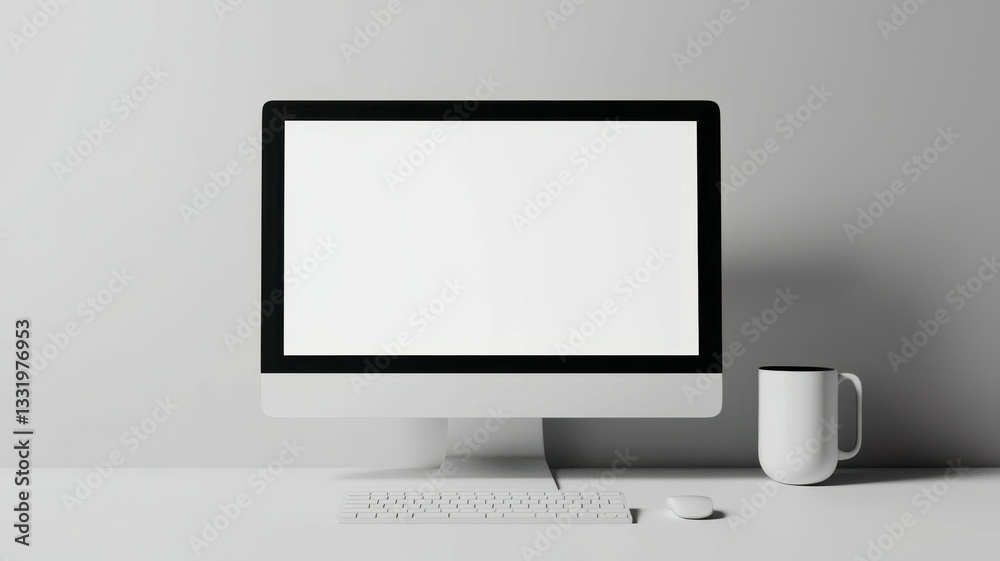 Modern Minimalist Workspace Desk Setup with Blank Computer Screen Keyboard and Mug Modern Minimalist Workspace Desk Setup with Blank Computer Screen Keyboard and Mug