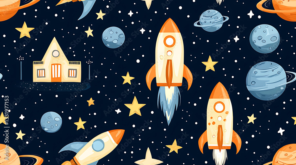 Fototapeta premium Futuristic city with rockets, planets, and stars in seamless pattern
