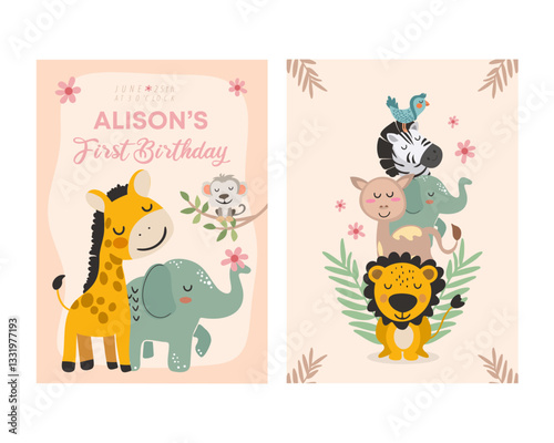 Photography Cute Jungle AnimalsFirst Birthday Clipart. Vector illistration.