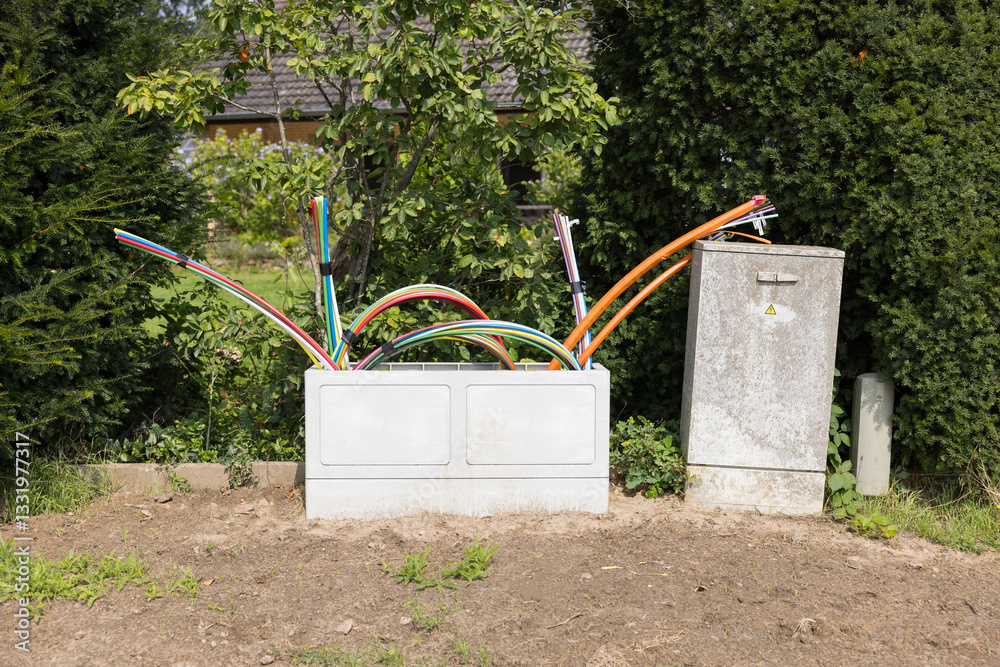 Offene Glasfaser-Verteilerbox mit bunten Glasfaser-Rohren – Breitbandausbau in Wohngebieten, modernes Telekommunikationsnetz für Highspeed-Internet und Digitalisierung.