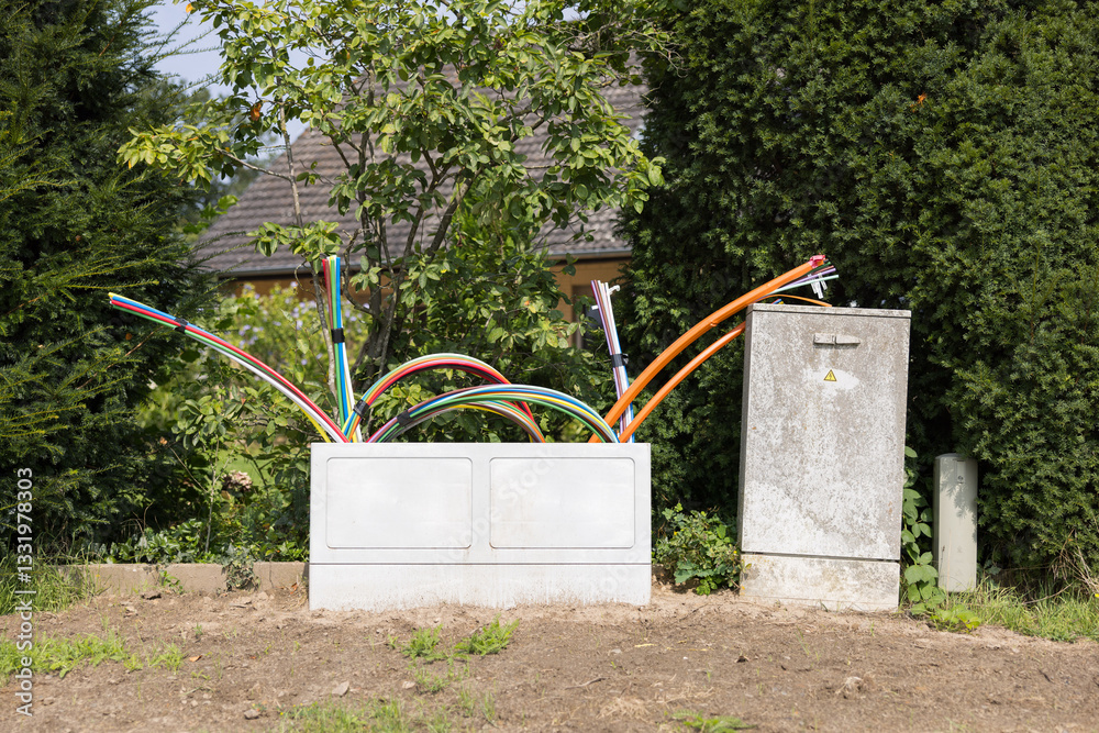 Offene Glasfaser-Verteilerbox mit bunten Glasfaser-Rohren – Breitbandausbau in Wohngebieten, modernes Telekommunikationsnetz für Highspeed-Internet und Digitalisierung.