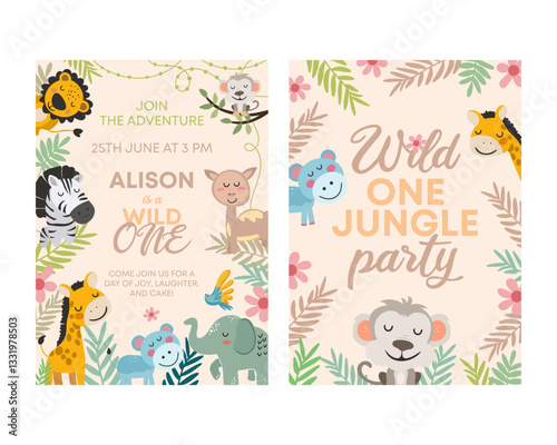 Cute Jungle AnimalsFirst Birthday Clipart. Vector illistration.
