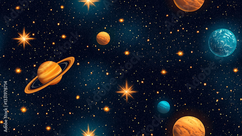 Vibrant space pattern featuring planets, stars, and cosmic elements