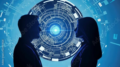 Silhouettes of Man and Woman Facing Each Other with Futuristic Digital Interface in Background, Symbolizing Technology, Communication, and Connection with Glowing Blue Circular Elements